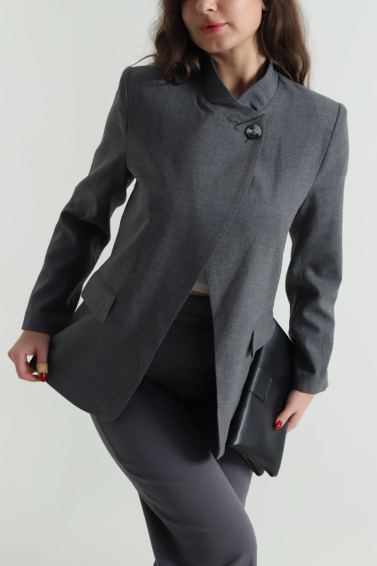 Antrasit Asimetrik Kruvaze Bezayağı Kadın Blazer Ceket 497647