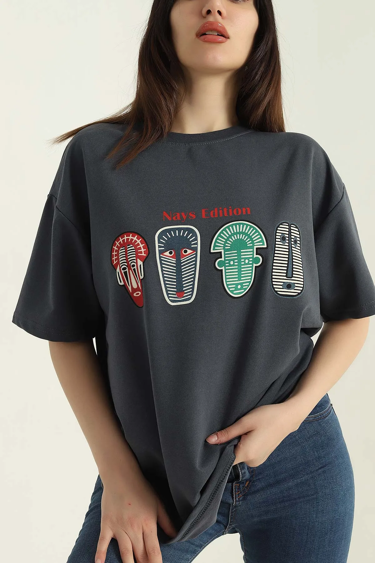Antrasit Baskılı İki İp Kadın Oversize Tişört 356681