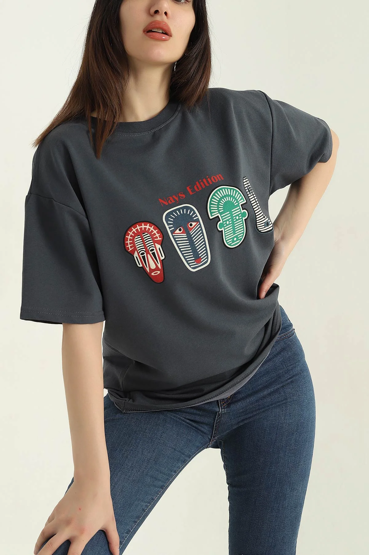 Antrasit Baskılı İki İp Kadın Oversize Tişört 356681