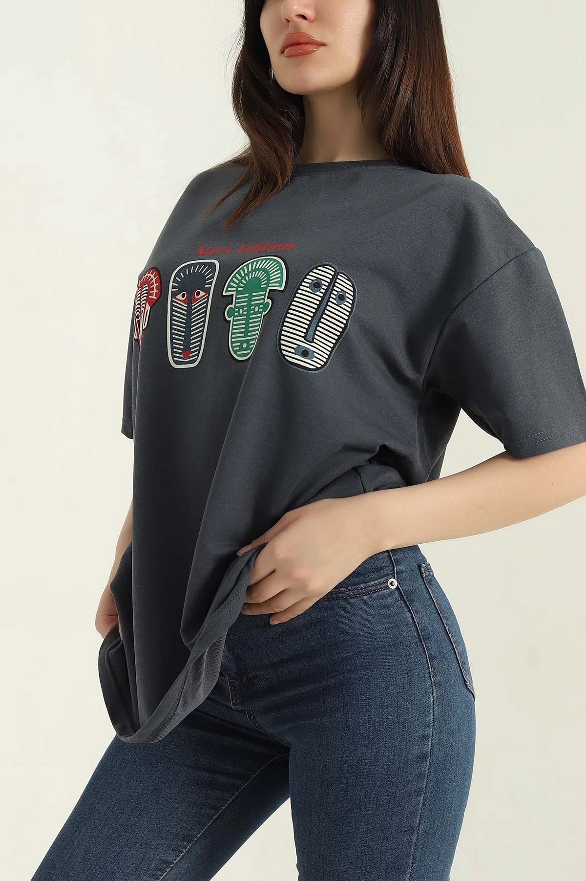 Antrasit Baskılı İki İp Kadın Oversize Tişört 356681