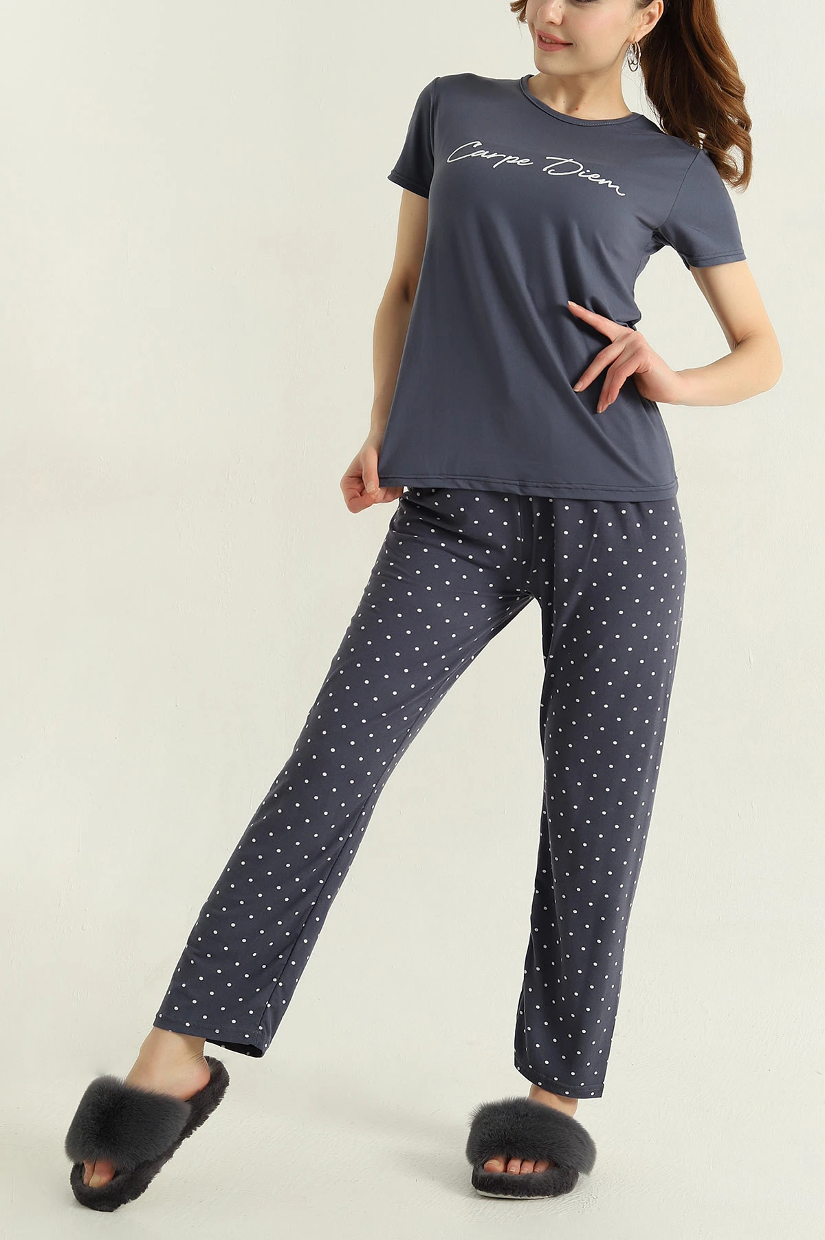 Antrasit Baskılı Viskon Kadın Pijama Takımı 347348
