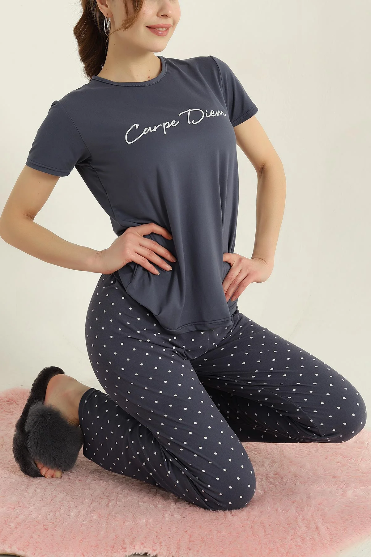 Antrasit Baskılı Viskon Kadın Pijama Takımı 347348