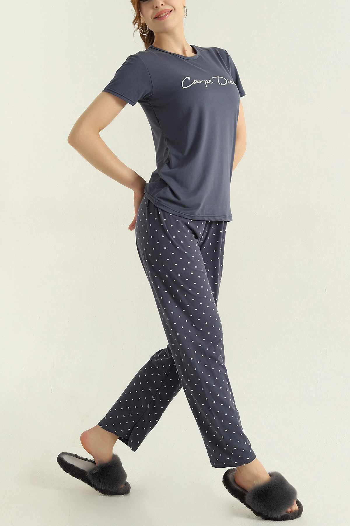 Antrasit Baskılı Viskon Kadın Pijama Takımı 347348