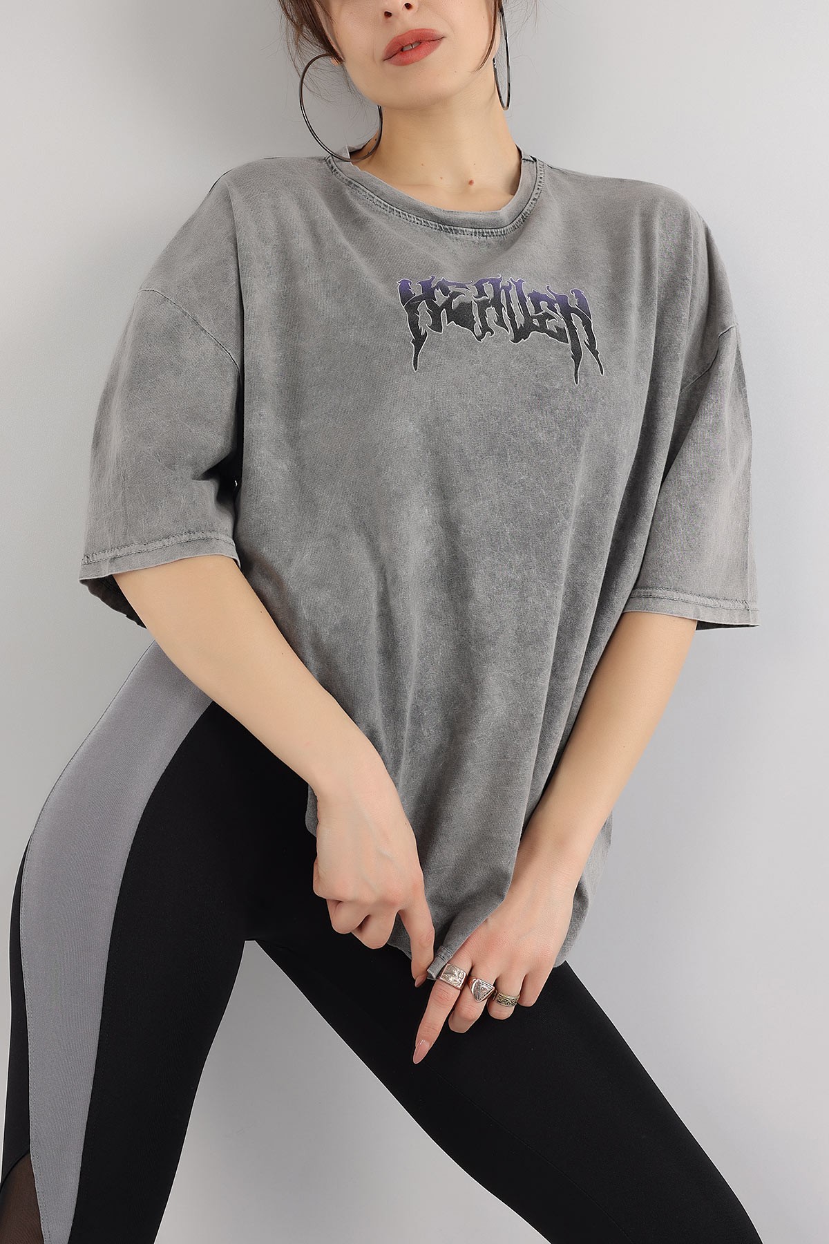 Antrasit Batik Yıkamalı Oversize Tİşört 166159
