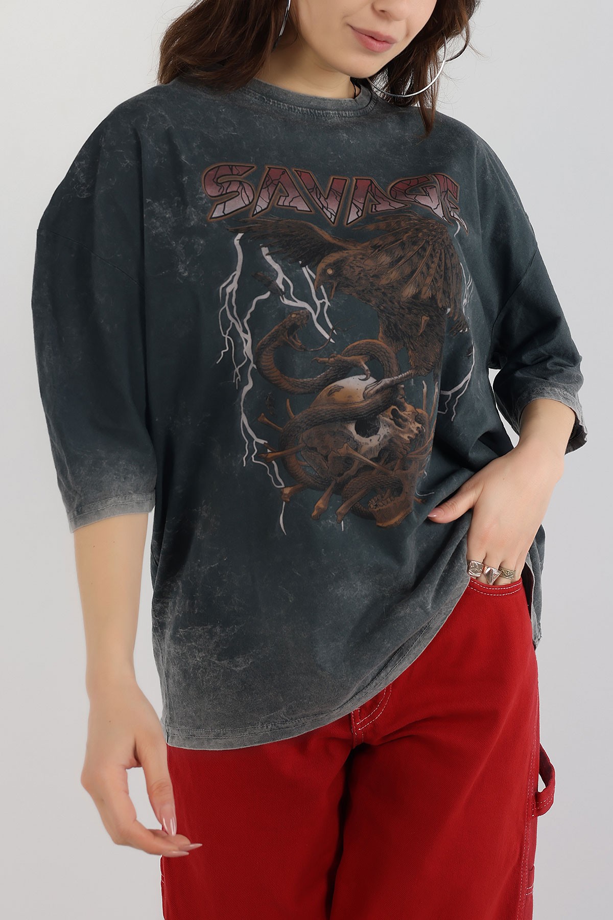 Antrasit Batik Yıkamalı Oversize Tİşört 166163