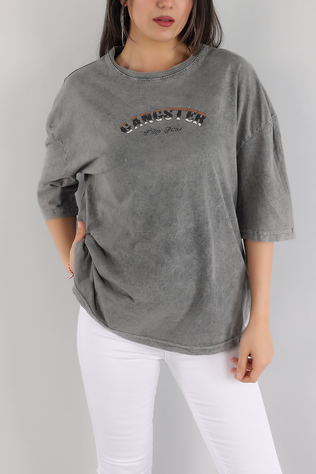 Antrasit Batik Yıkamalı Oversize Tİşört 166165