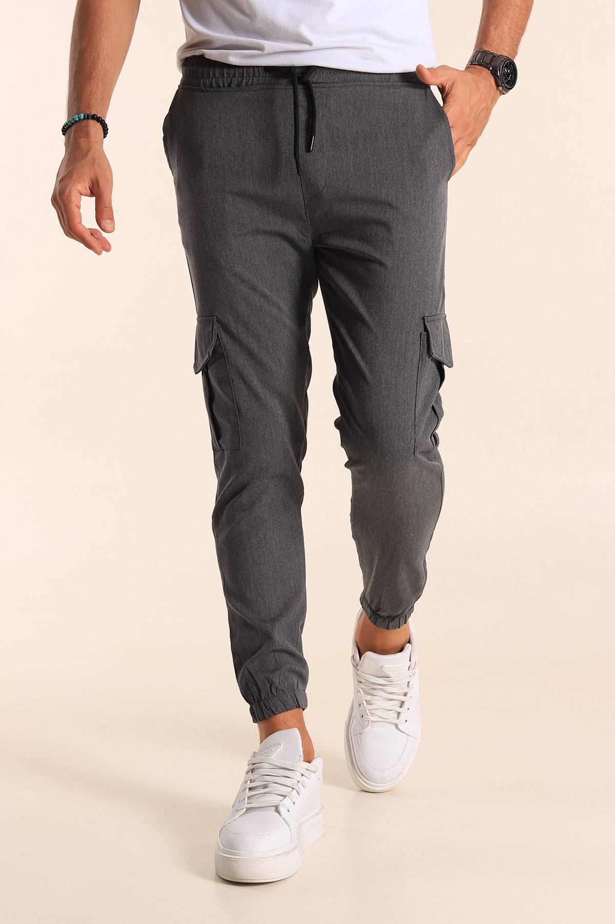 Füme Belden Bağlamalı Kargo Cepli Erkek Jogger Pantolon 198961
