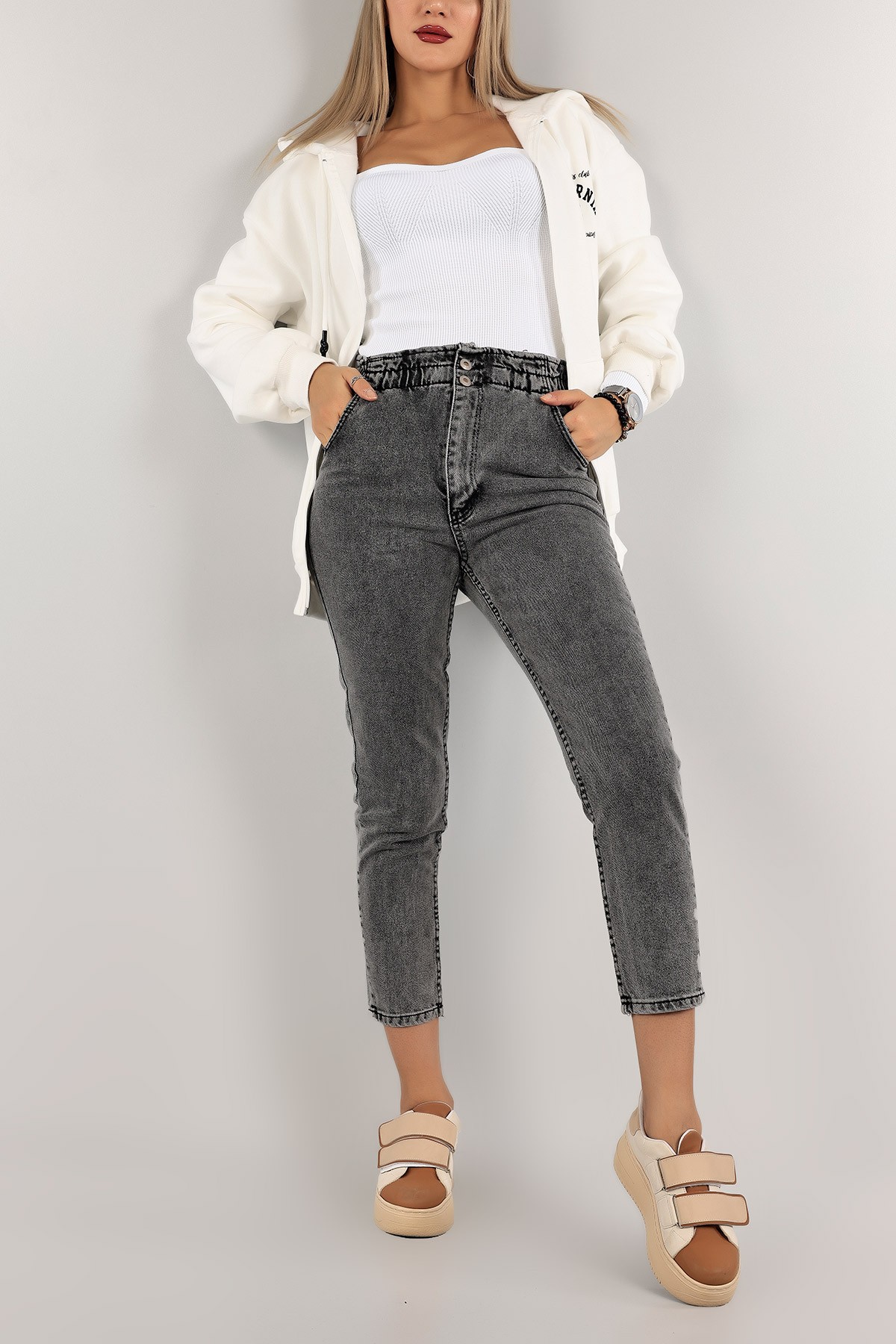 Antrasit Beli Lastikli Mom Kot Pantolon 134623