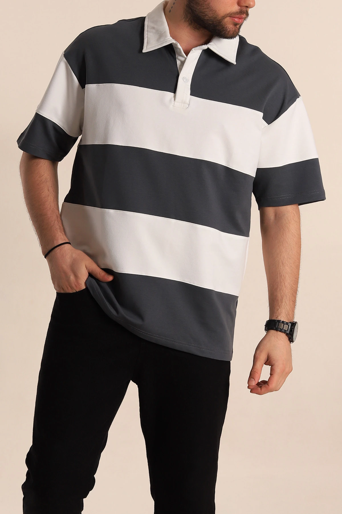 Antrasit Beyaz Geniş Çizgili Oversize İki İp Polo Yaka Erkek Tişört 268912