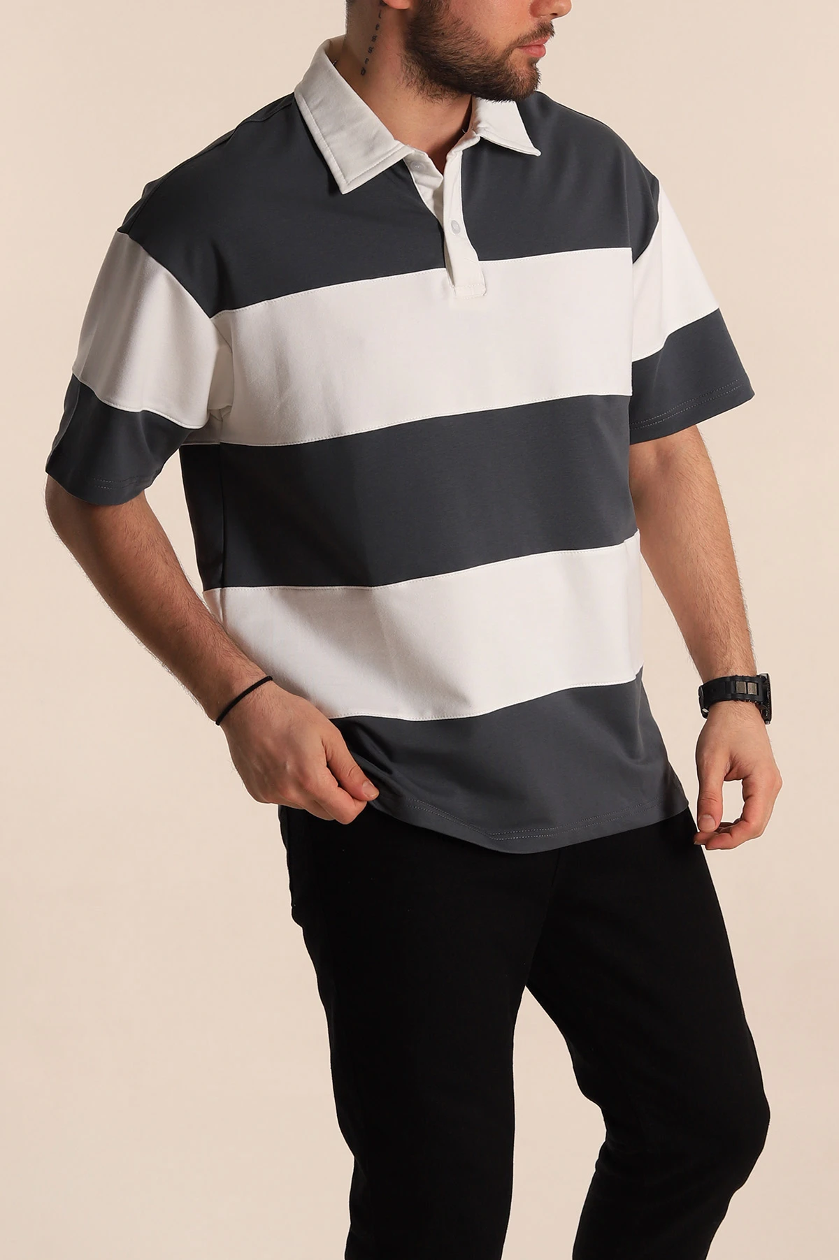 Antrasit Beyaz Geniş Çizgili Oversize İki İp Polo Yaka Erkek Tişört 268912