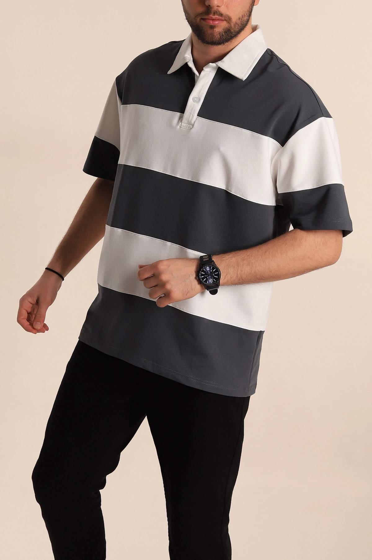 Antrasit Beyaz Geniş Çizgili Oversize İki İp Polo Yaka Erkek Tişört 268912
