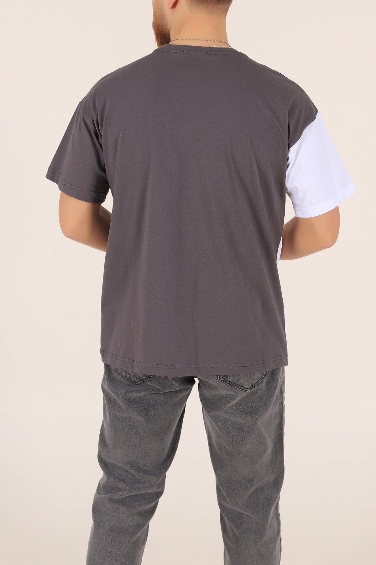 Antrasit Beyaz  Oversize Nakışlı  Erkek Tişört 169657