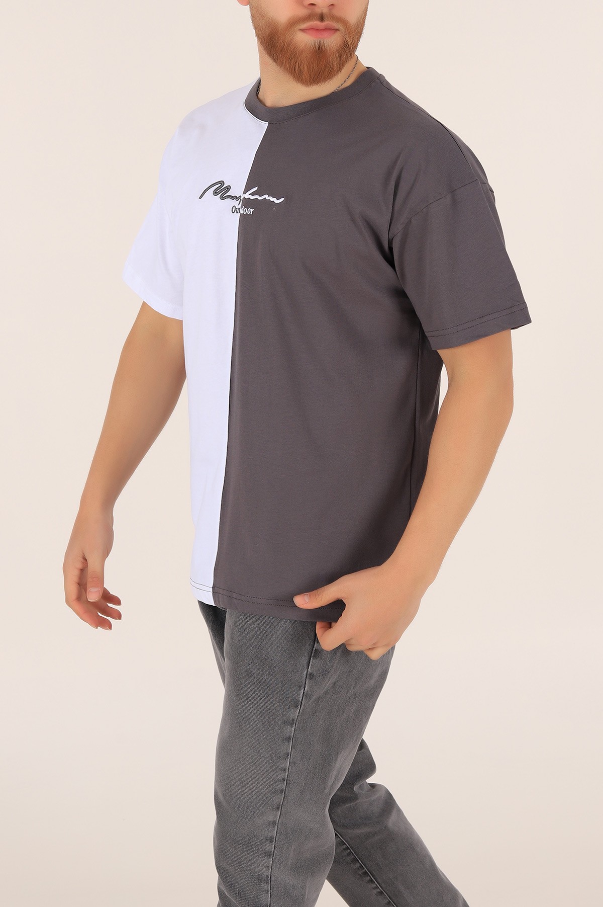 Antrasit Beyaz  Oversize Nakışlı  Erkek Tişört 169657