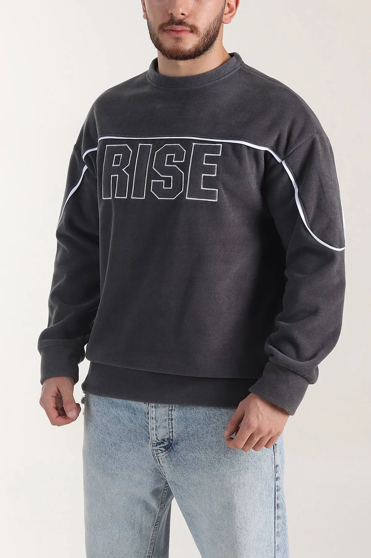 Antrasit Bisiklet Yaka Polar Kumaş Yazı Detaylı Erkek Sweatshirt 404253