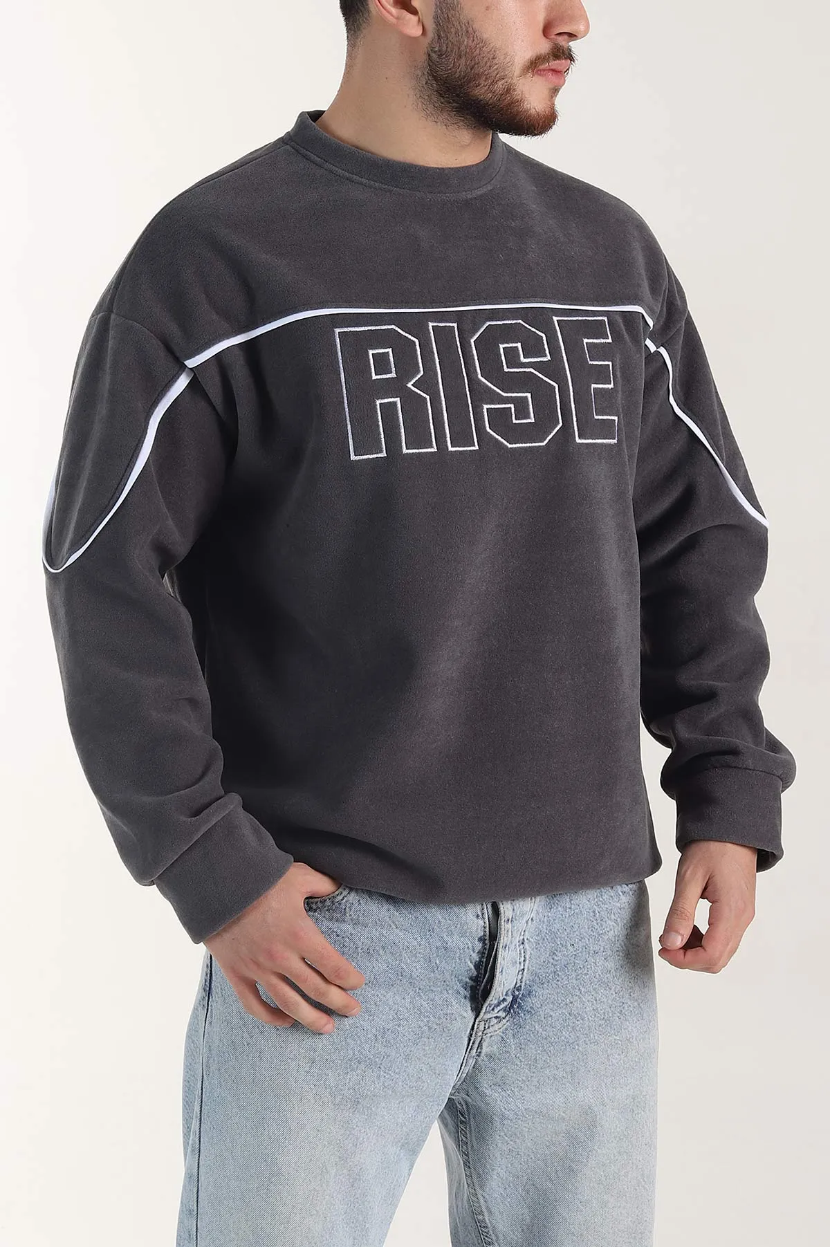 Antrasit Bisiklet Yaka Polar Kumaş Yazı Detaylı Erkek Sweatshirt 404253