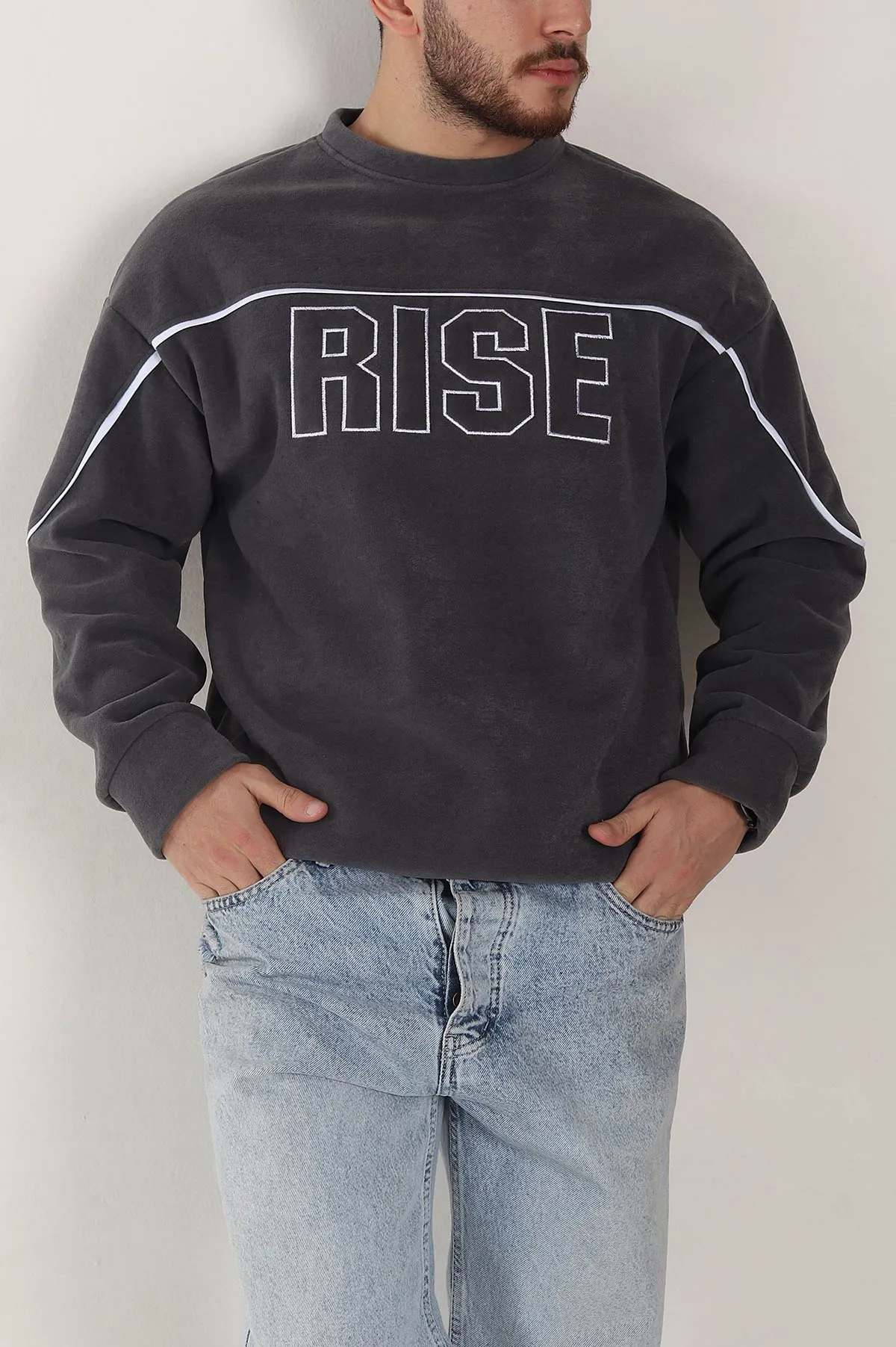 Antrasit Bisiklet Yaka Polar Kumaş Yazı Detaylı Erkek Sweatshirt 404253