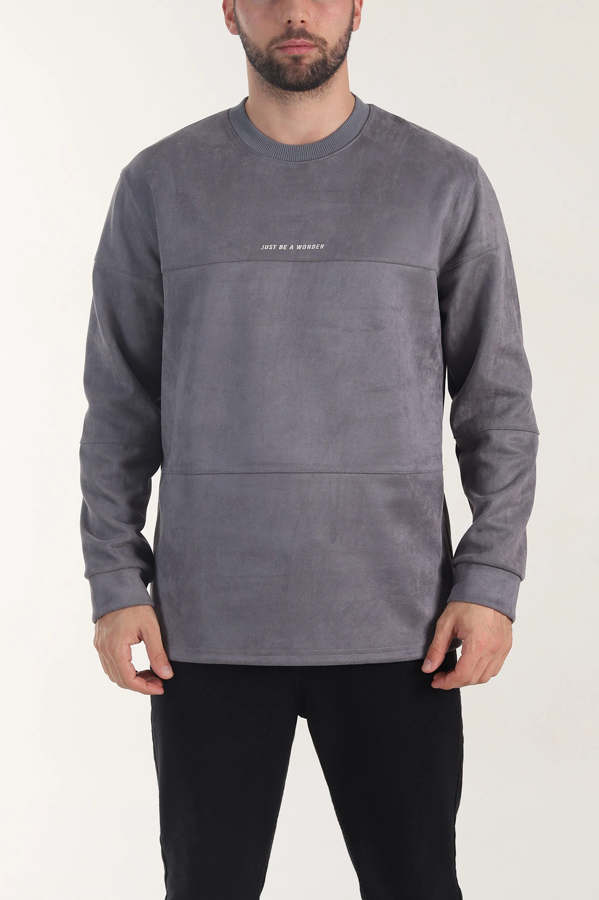 Antrasit Bisiklet Yaka Yazı Detaylı Erkek Sweatshirt 406674