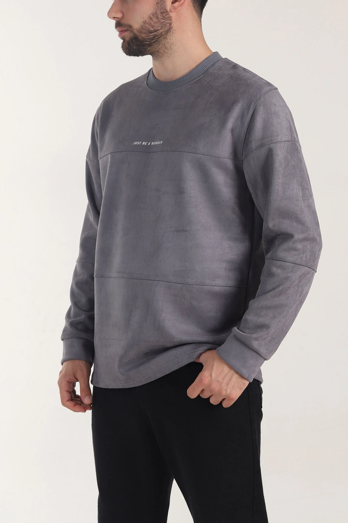 Antrasit Bisiklet Yaka Yazı Detaylı Erkek Sweatshirt 406674