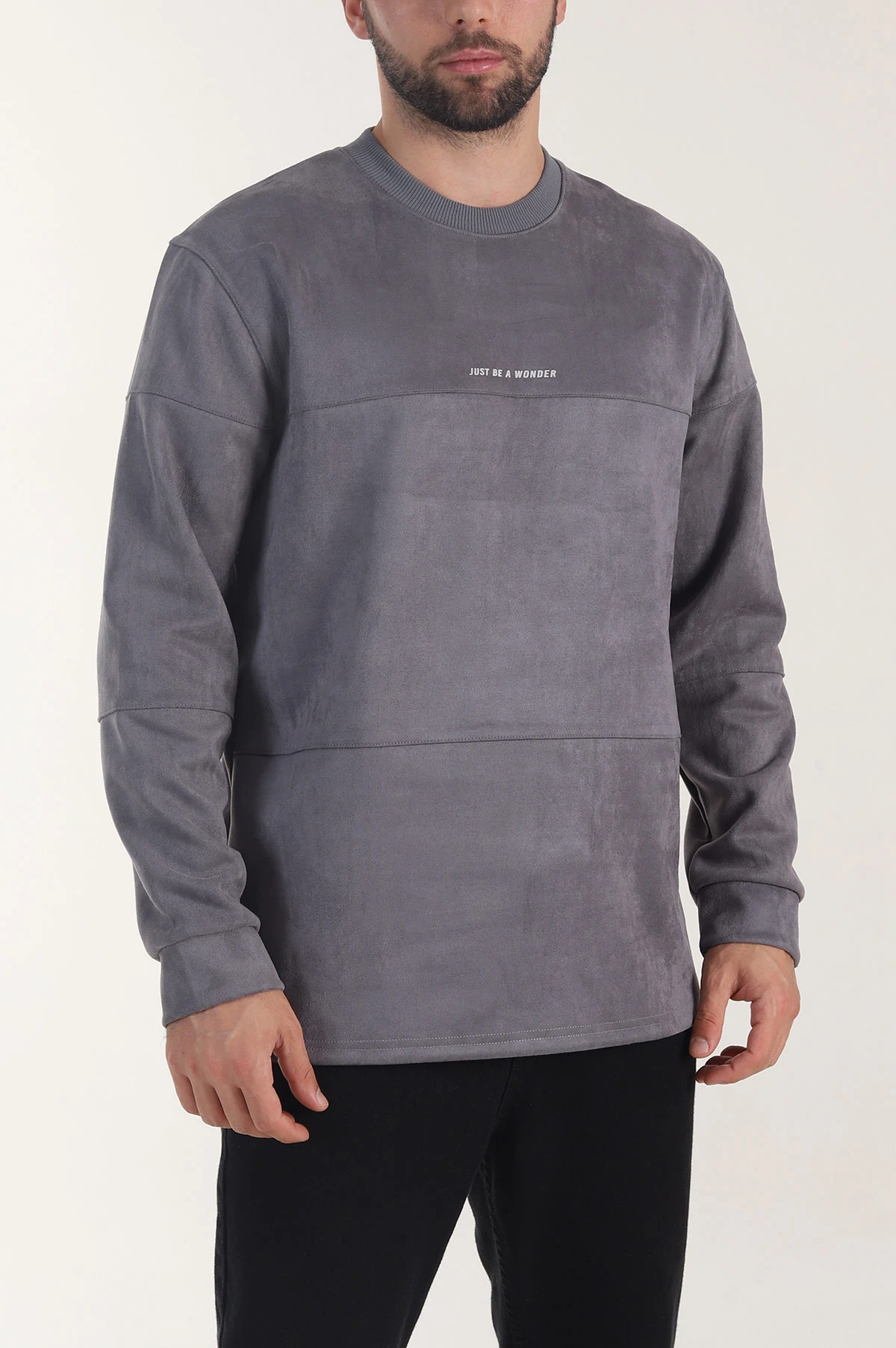 Antrasit Bisiklet Yaka Yazı Detaylı Erkek Sweatshirt 406674