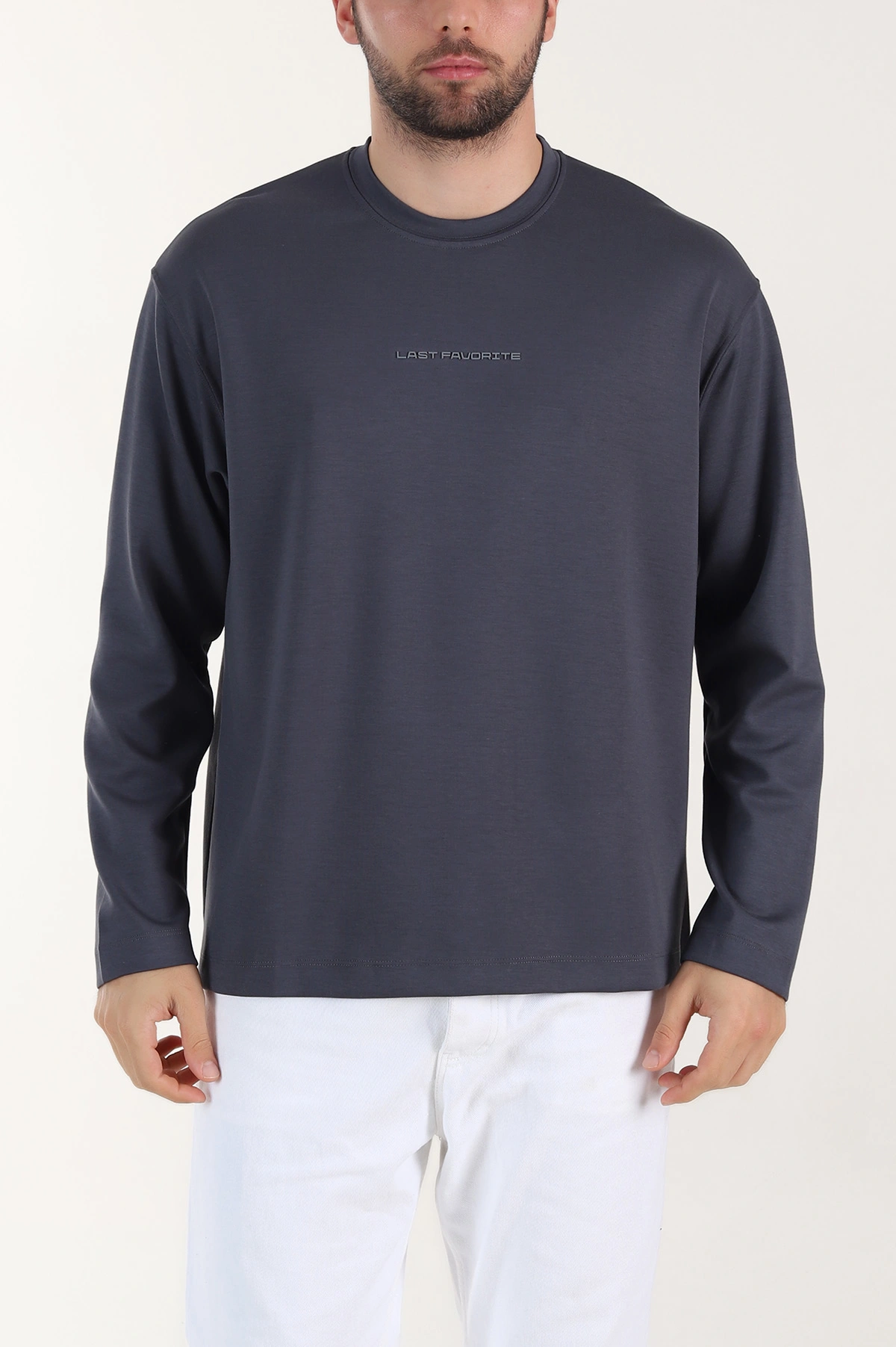 Antrasit Bisiklet Yaka Yazı Detaylı Erkek Sweatshirt 409093