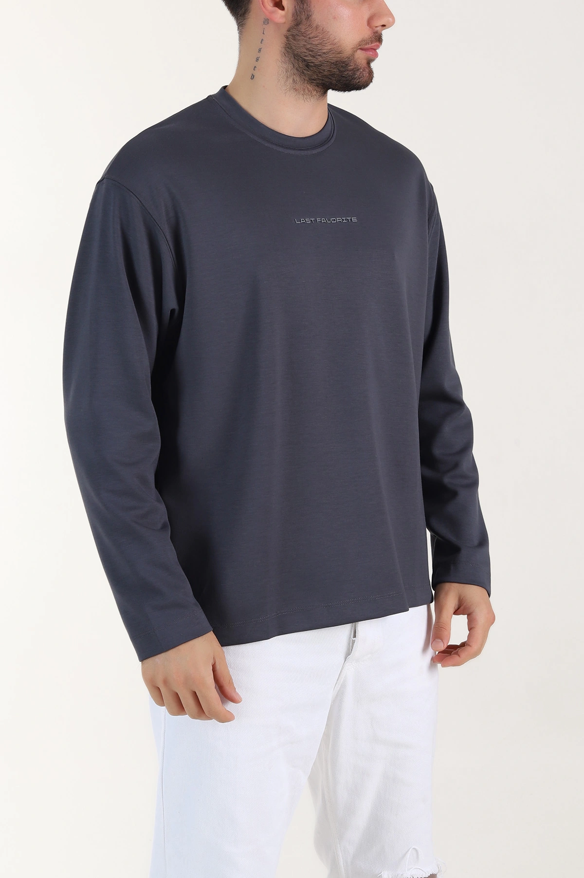Antrasit Bisiklet Yaka Yazı Detaylı Erkek Sweatshirt 409093