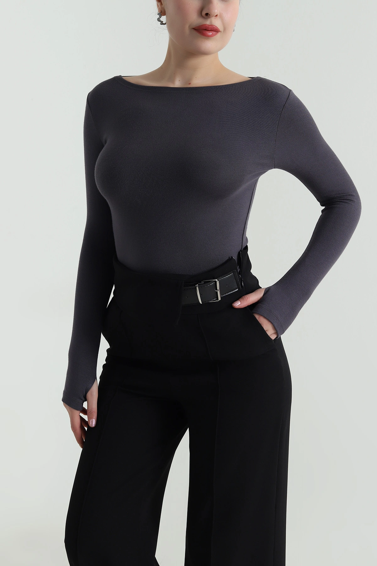 Antrasit Buzzy Likralı Kadın Bluz 499526