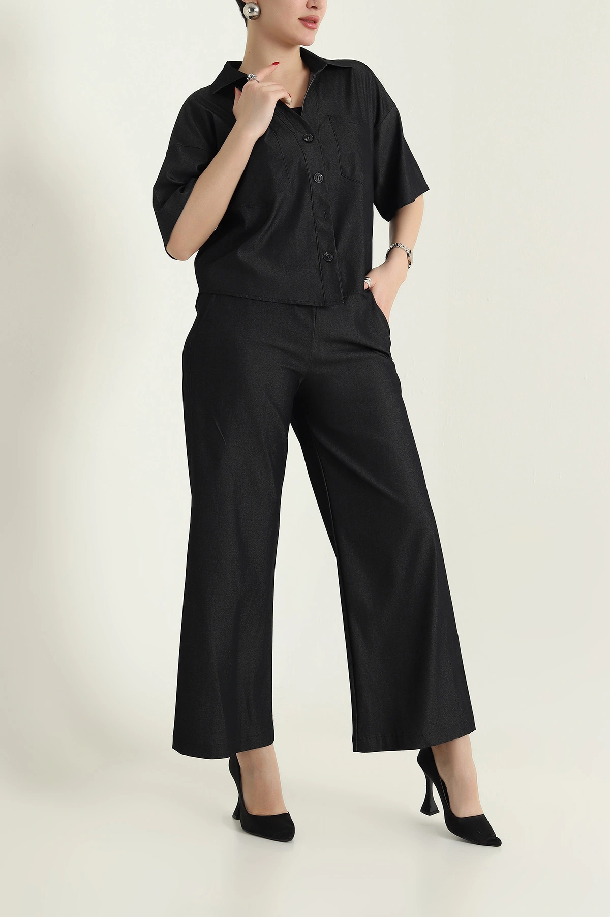 Antrasit Cepli Bel Lastikli Denim Kadın İkili Takım 430119