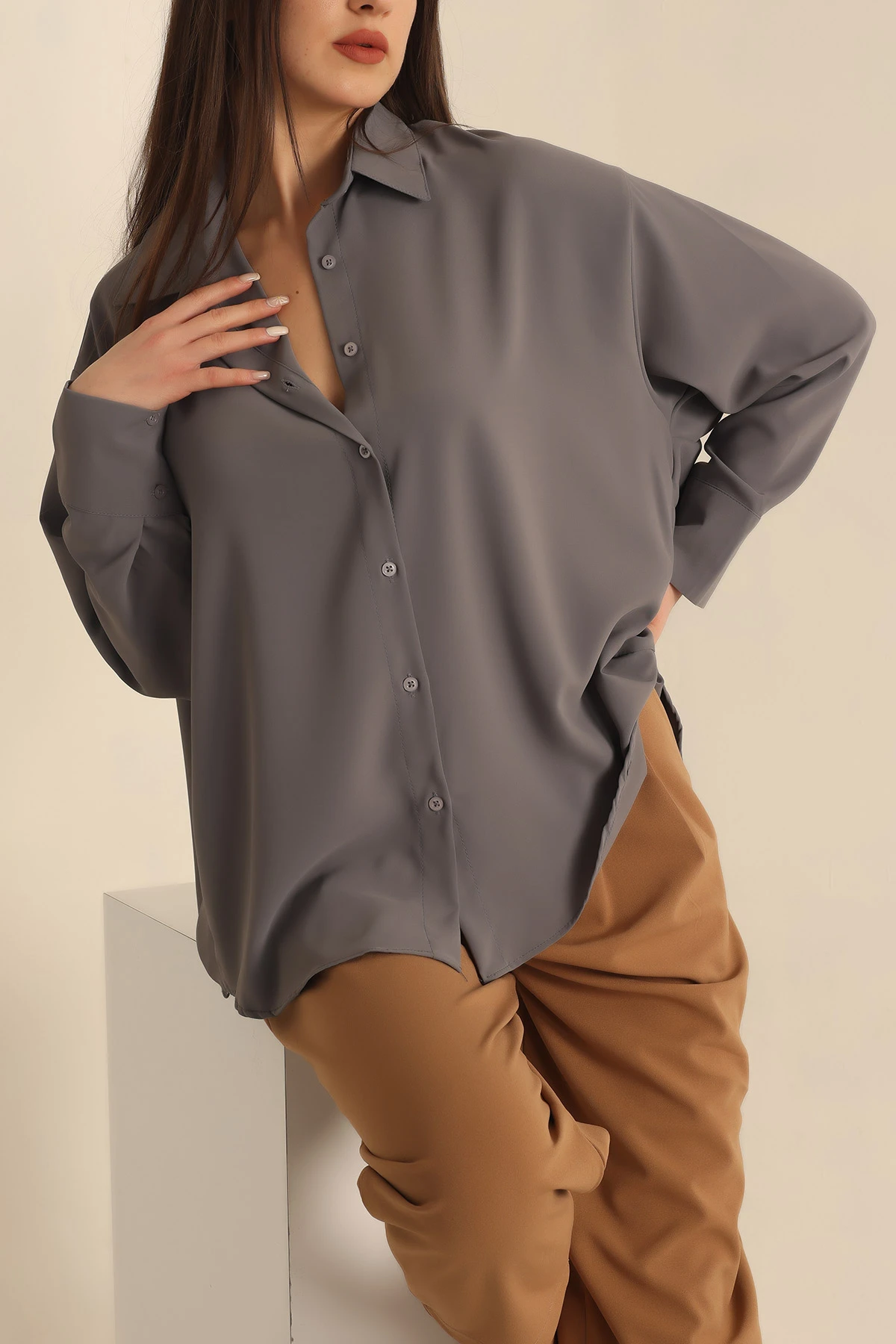Antrasit Charmy Kumaş Oversize Gömlek 231545