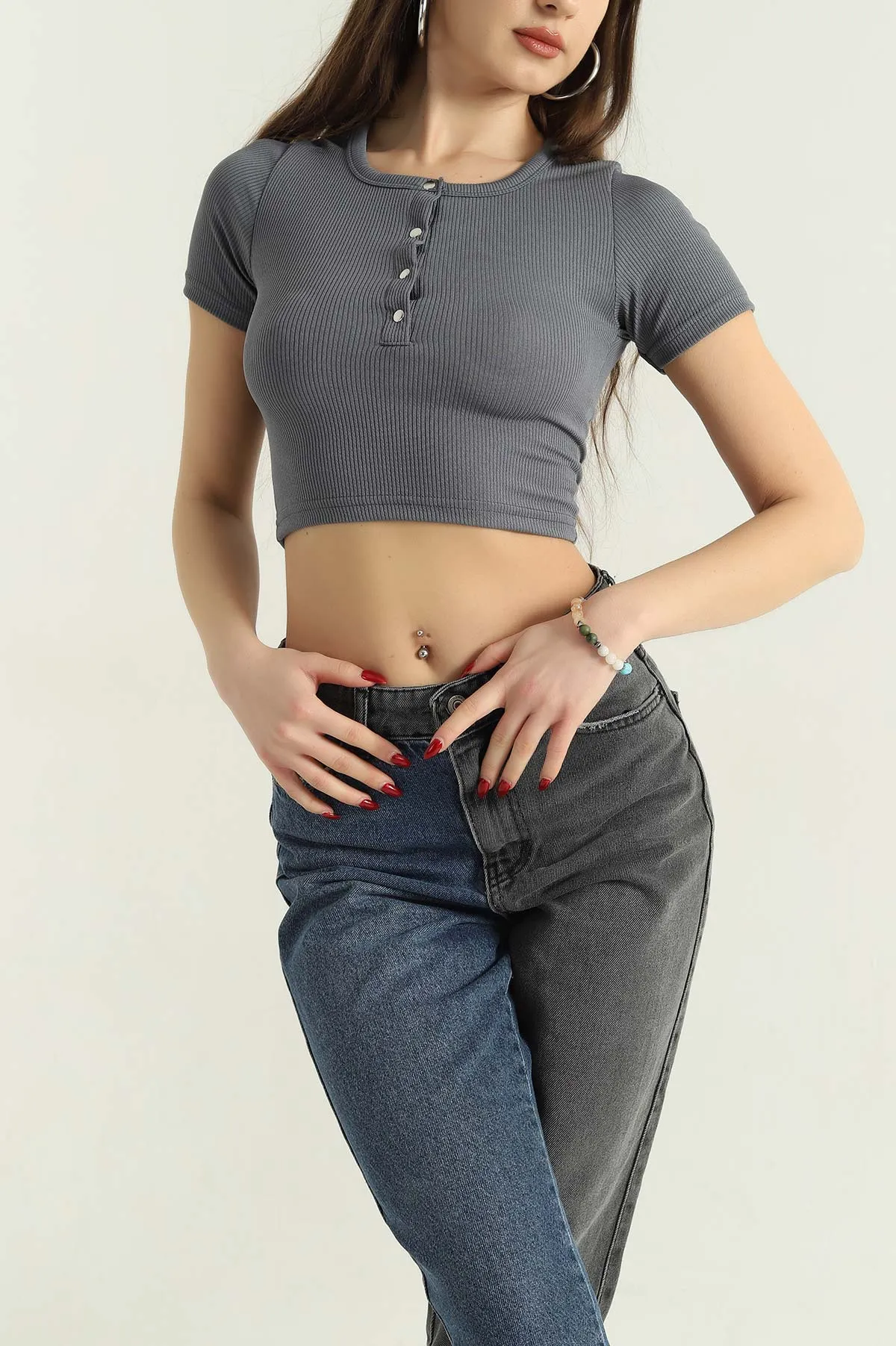 Antrasit Çıt Çıt Düğmeli Fitilli Bluz 336299