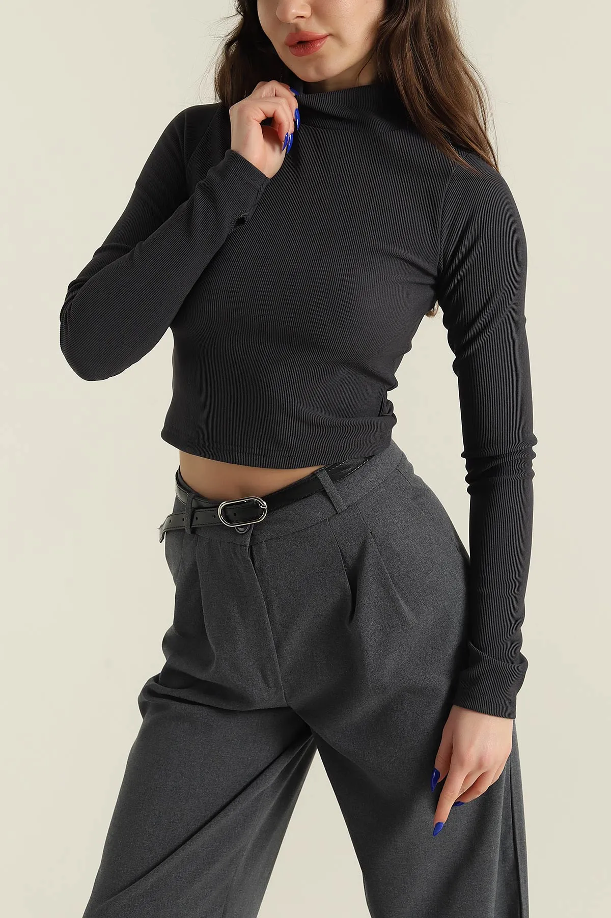 Antrasit Dik Yaka Ottoman Kadın Bluz 424658