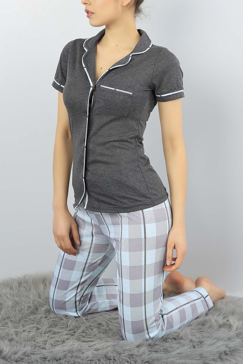 Antrasit Düğmeli Baskılı Bayan Pijama Takımı 54952