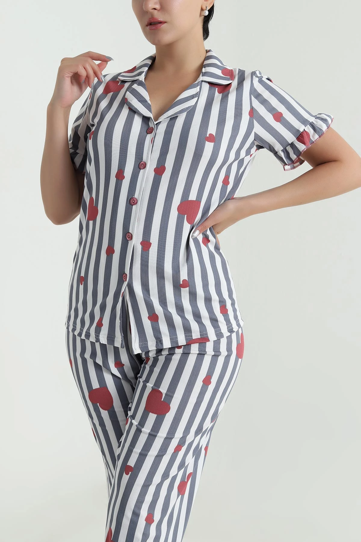 Antrasit Düğmeli Sedef Kadın Pijama Takımı 479536