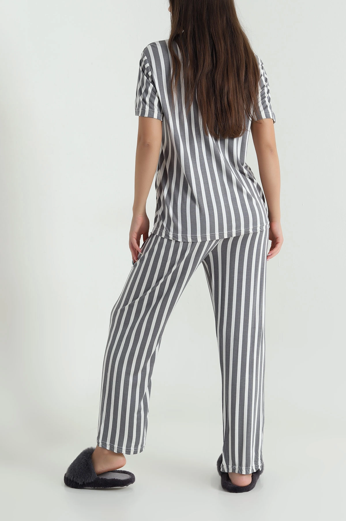Antrasit Düğmeli Viskon  Kadın Pijama Takımı 466684