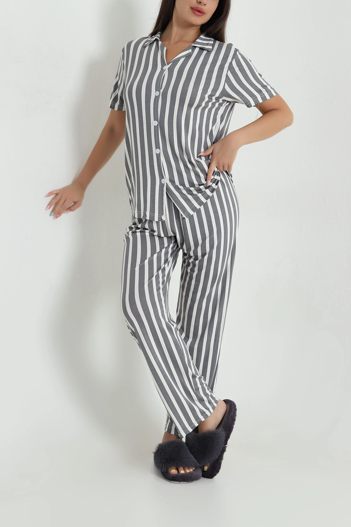 Antrasit Düğmeli Viskon  Kadın Pijama Takımı 466684