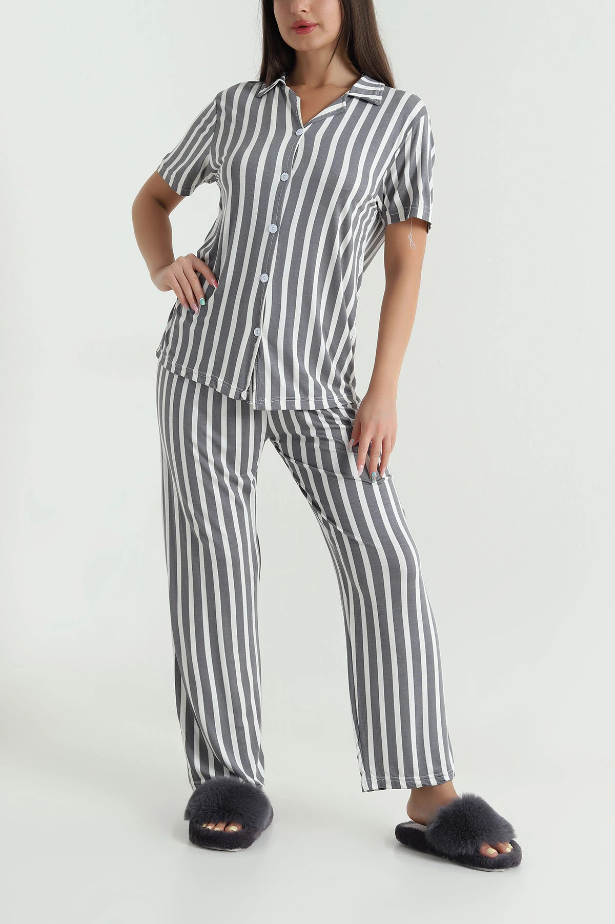 Antrasit Düğmeli Viskon  Kadın Pijama Takımı 466684
