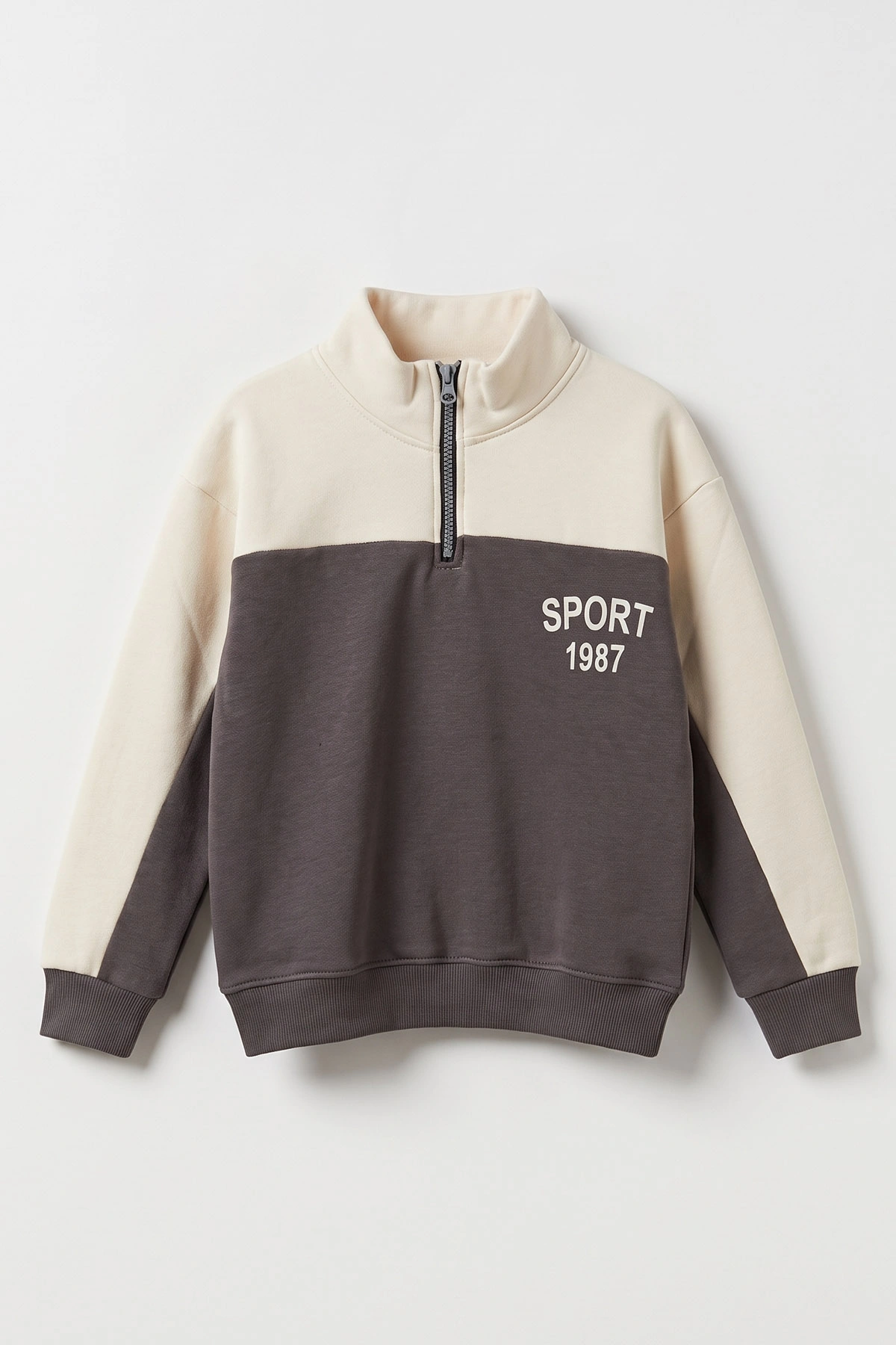 Antrasit Ekru (5-12 Yaş) Sports Baskılı Yarım Fermuarlı 3 İp Şardonlu Erkek Çocuk Sweatshirt 481749