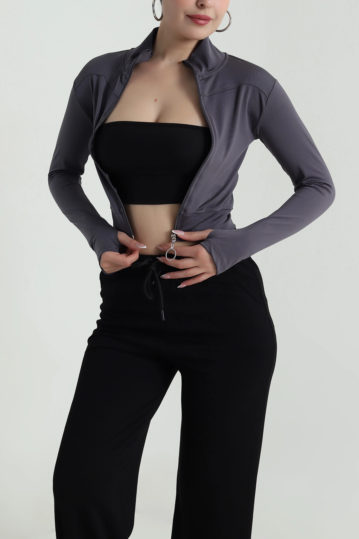 Antrasit Fermuarlı Dalgıç Kadın Sweat 487999