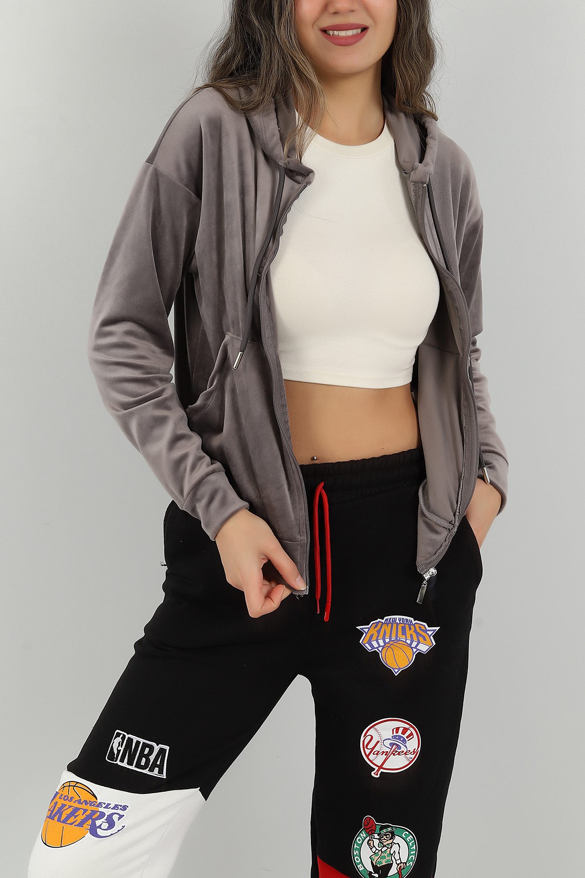Antrasit Fermuarlı Kadife Sweat 147278