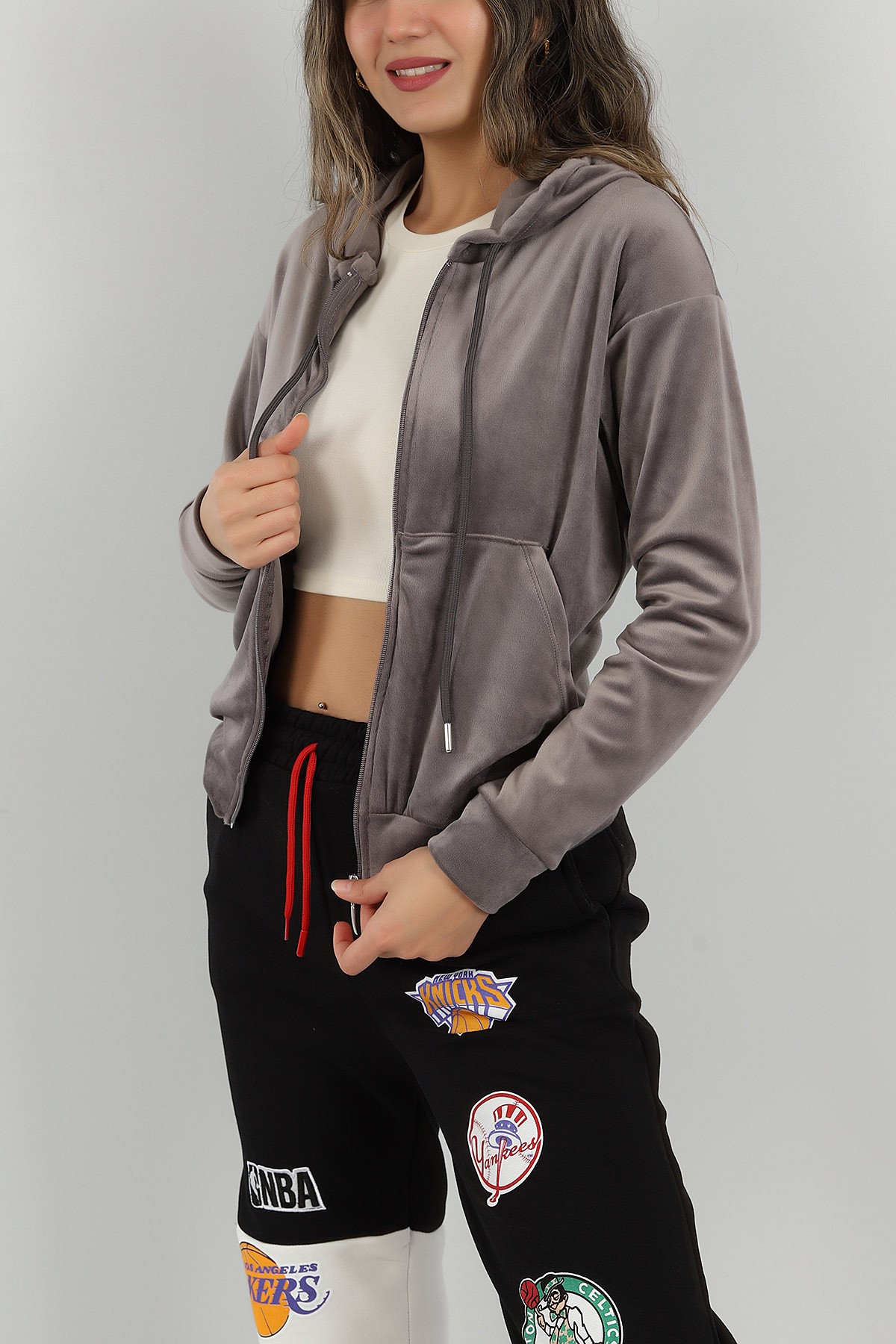 Antrasit Fermuarlı Kadife Sweat 147278