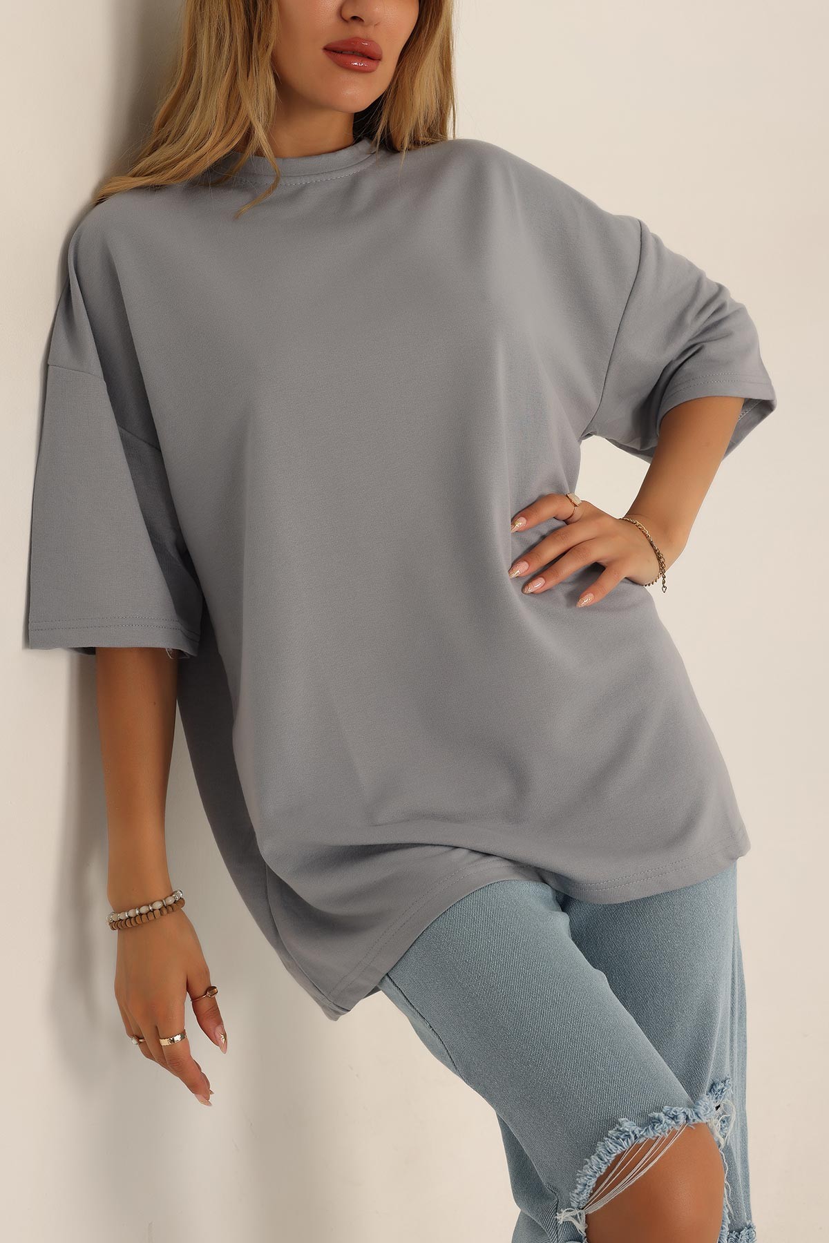 Antrasit İki İp Oversize Bayan Tişört 193600
