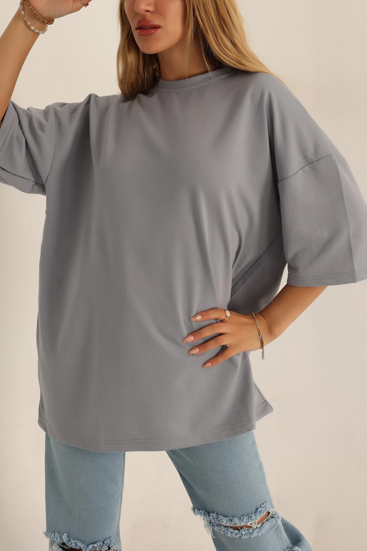 Antrasit İki İp Oversize Bayan Tişört 193600