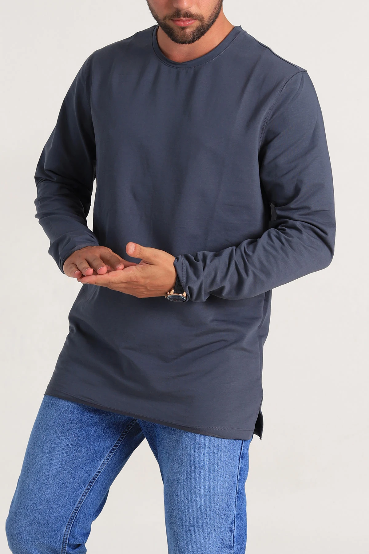 Antrasit İki İp Yırtık Yaka Detaylı Basic Erkek Sweatshirt 299820