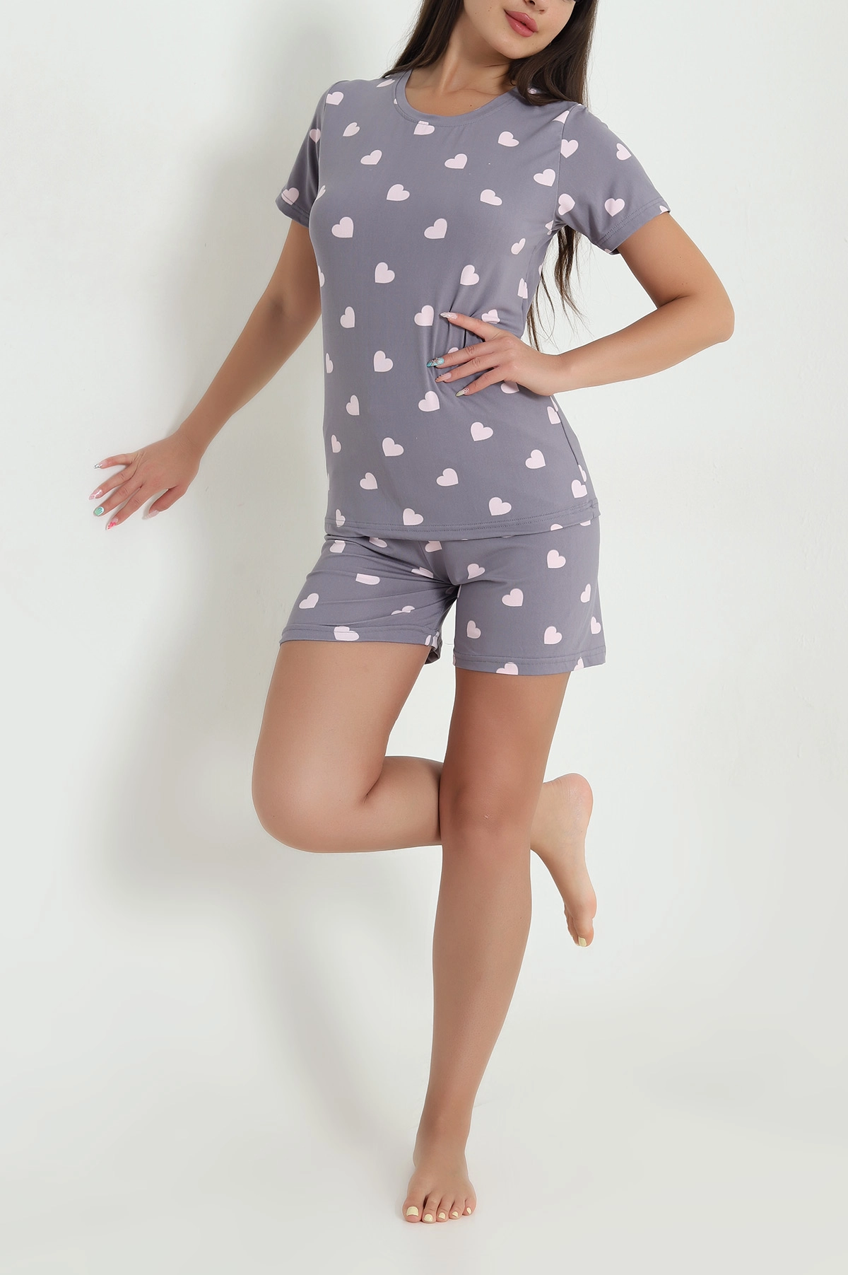 Antrasit Kalp Desenli Kadın Şortlu Pijama Takımı 466439