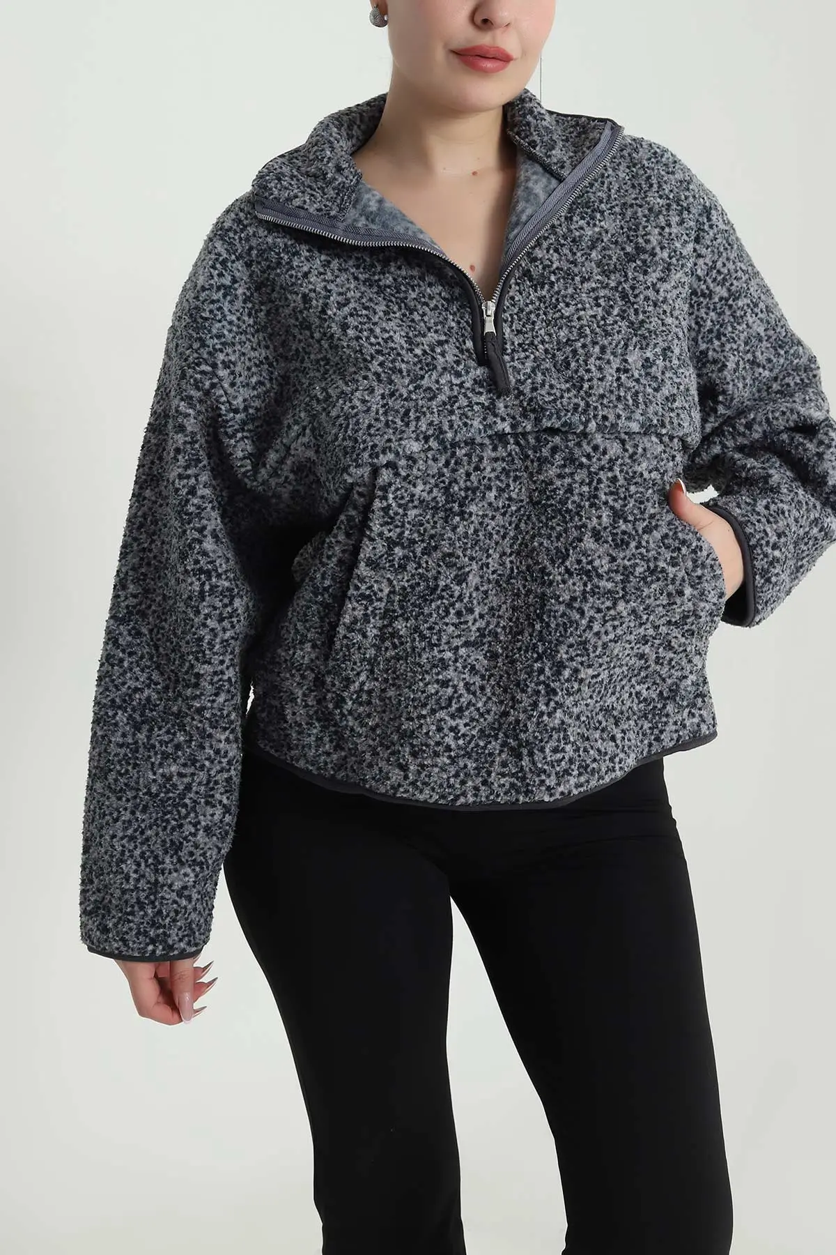 Antrasit Kangru Cep Detay Teddy Kadın Sweat 492641