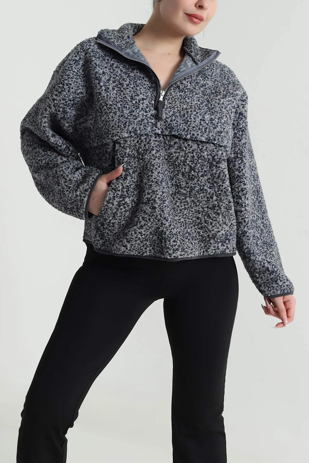 Antrasit Kangru Cep Detay Teddy Kadın Sweat 492641