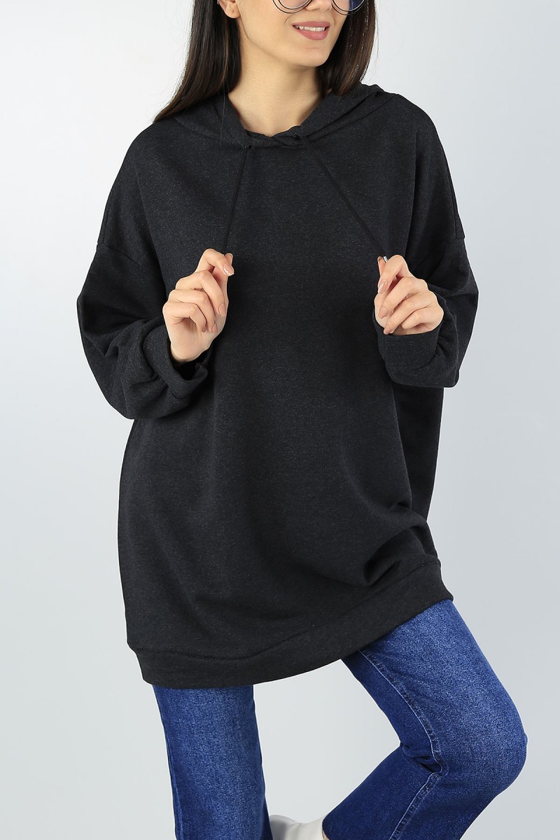 Antrasit Kapüşonlu Bayan Sweat Tunik 55558