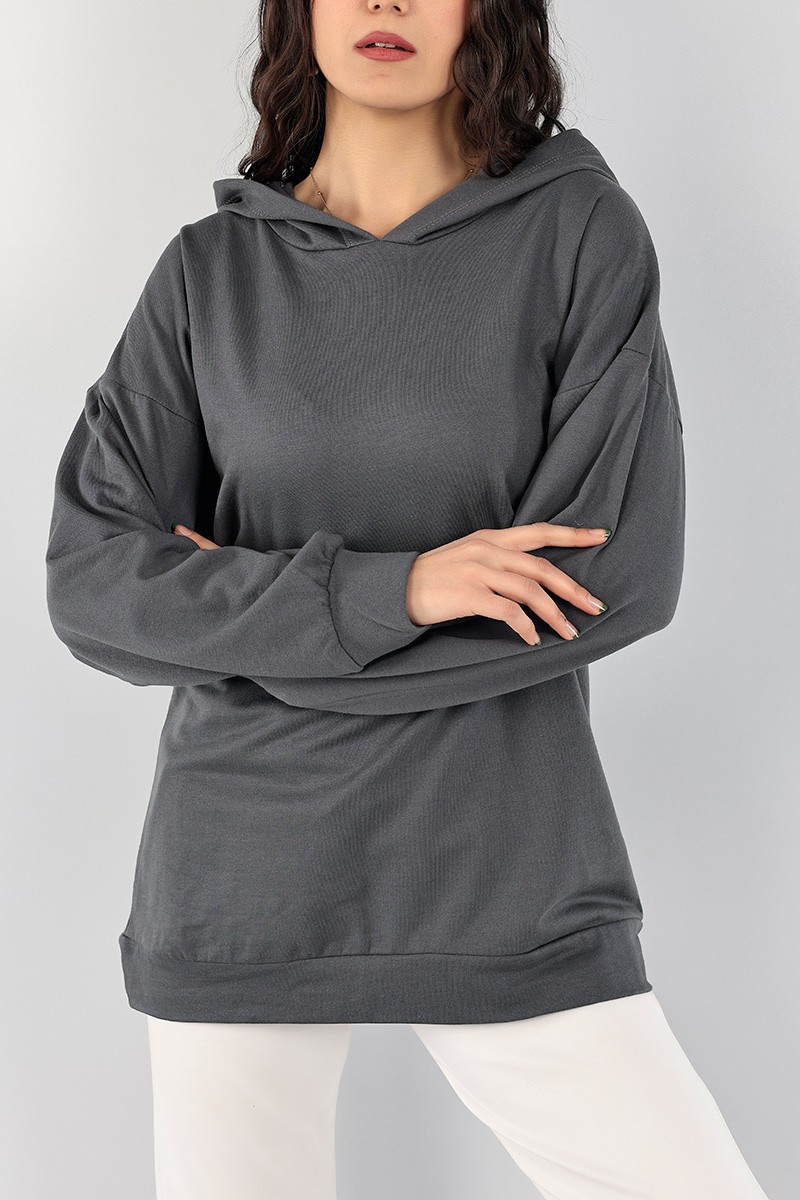 Antrasit Kapüşonlu Şardonlu Bayan Sweat 99233
