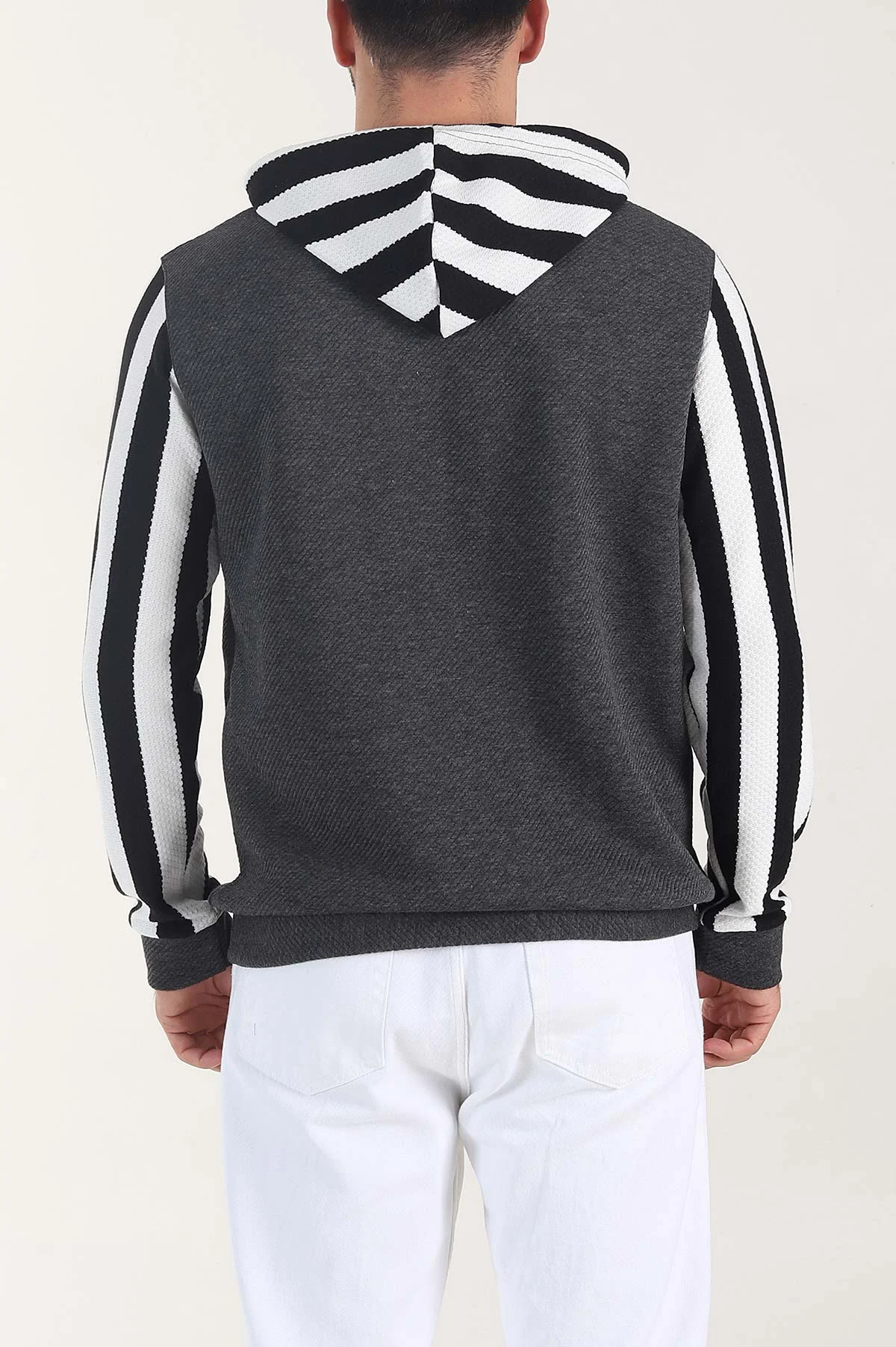 Antrasit Kapüşonlu Şerit Detaylı Erkek Sweatshirt 408066