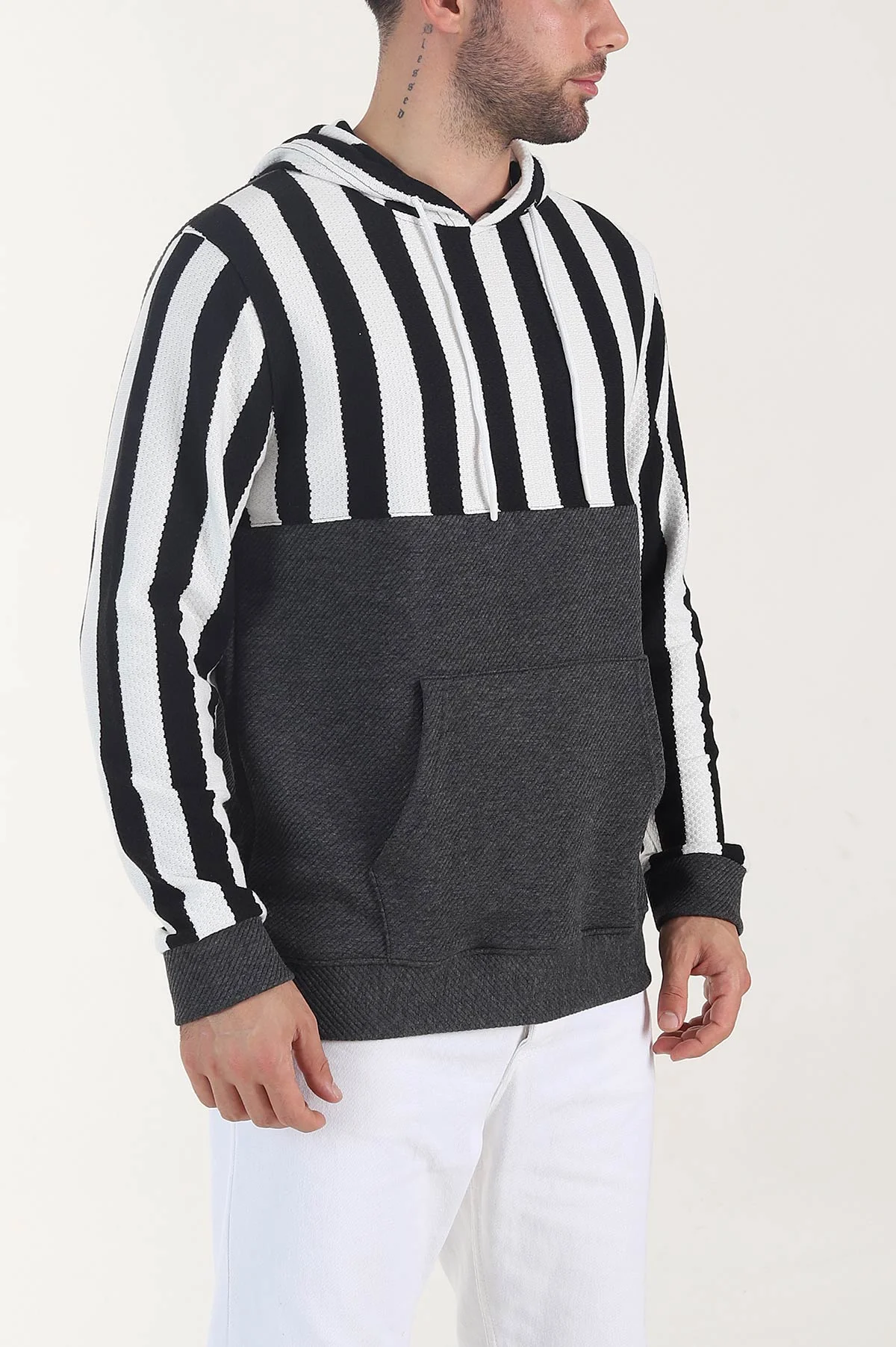 Antrasit Kapüşonlu Şerit Detaylı Erkek Sweatshirt 408066