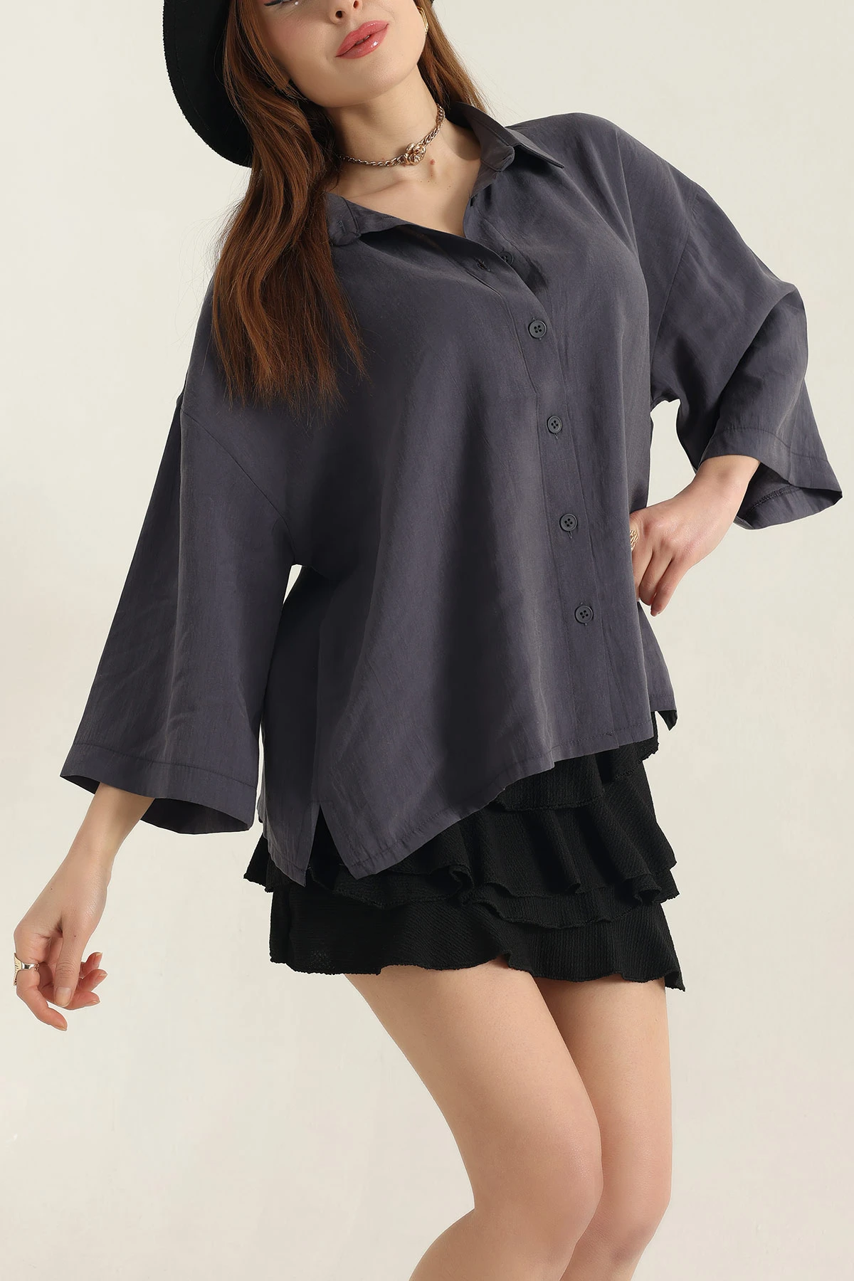 Antrasit Kısa Kol Tencel Oversize Bayan Gömlek 337587